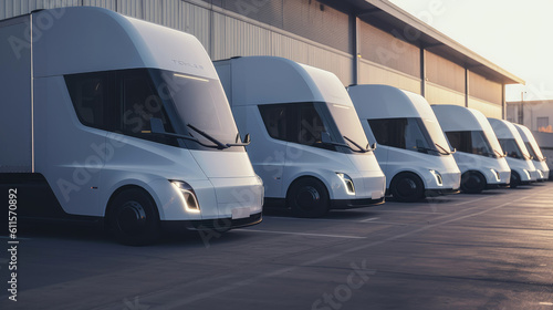 Electric trucks parked at the loading dock. Generative AI © piai