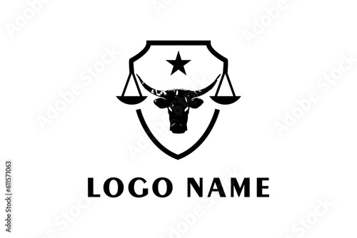 Skeleton Bull Buffalo Longhorn Shield silhouette and Justice Scales Law Court Lawyer Legal logo design