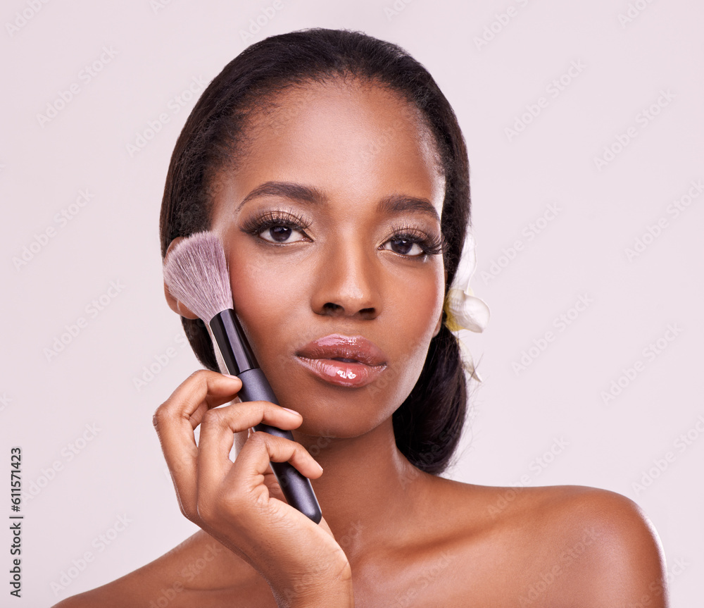 Cosmetics, makeup and portrait of black woman with brush on face in studio with cosmetic application tool. Skincare, confidence and beauty mock up, luxury skin care model isolated on pink background. Cosmetics, makeup and portrait of black woman with brush on face in studio with cosmetic application tool. Skincare, confidence and beauty mock up, luxury skin care model isolated on pink background.