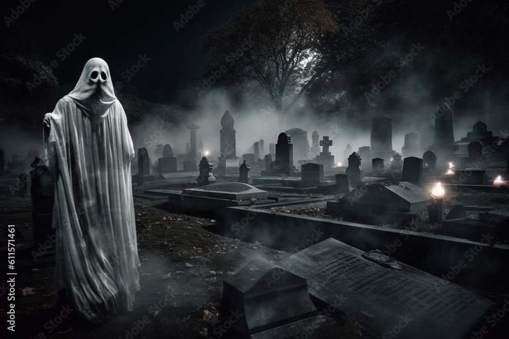 A ghostly figure moving through a misty graveyard in the evening. Generative ai A ghostly figure moving through a misty graveyard in the evening. Generative ai