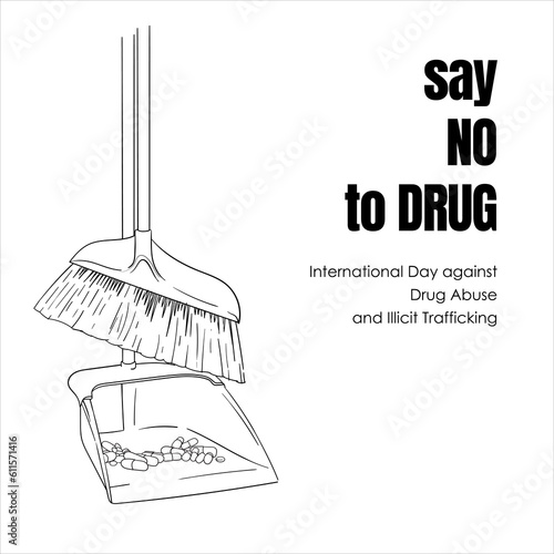 Broom and dustpan with drug waste hand drawn template design for say no to drug poster campaign