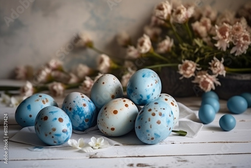 Happy easter, Easter painted eggs on wooden rustic table for your decoration in holiday. Generative ai.