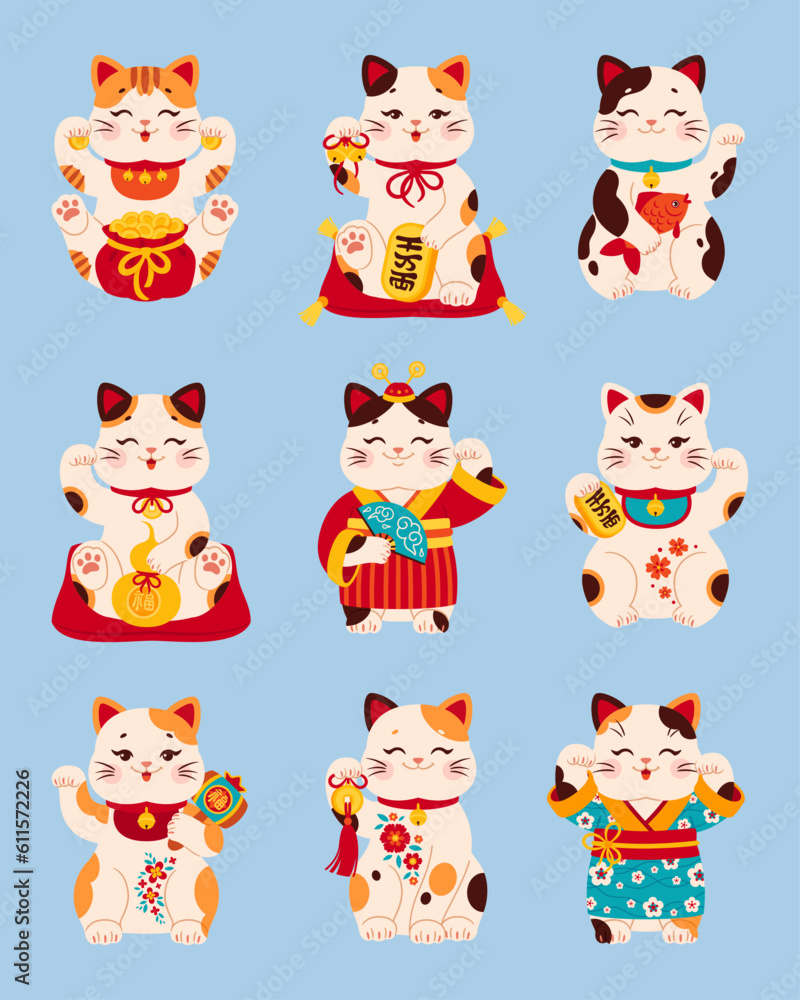 Japanese Maneki Neko cats. Collection cartoon lucky cats. Set of figurines of wealth and luck in flat style.