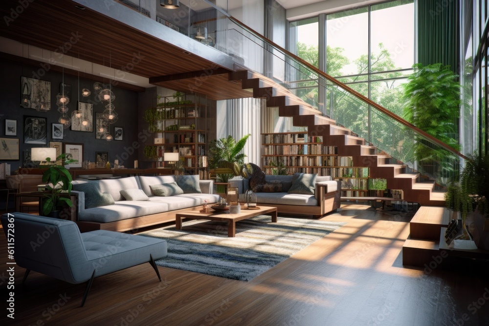 A living room filled with furniture and a stair case. Generative AI A living room filled with furniture and a stair case. Generative AI