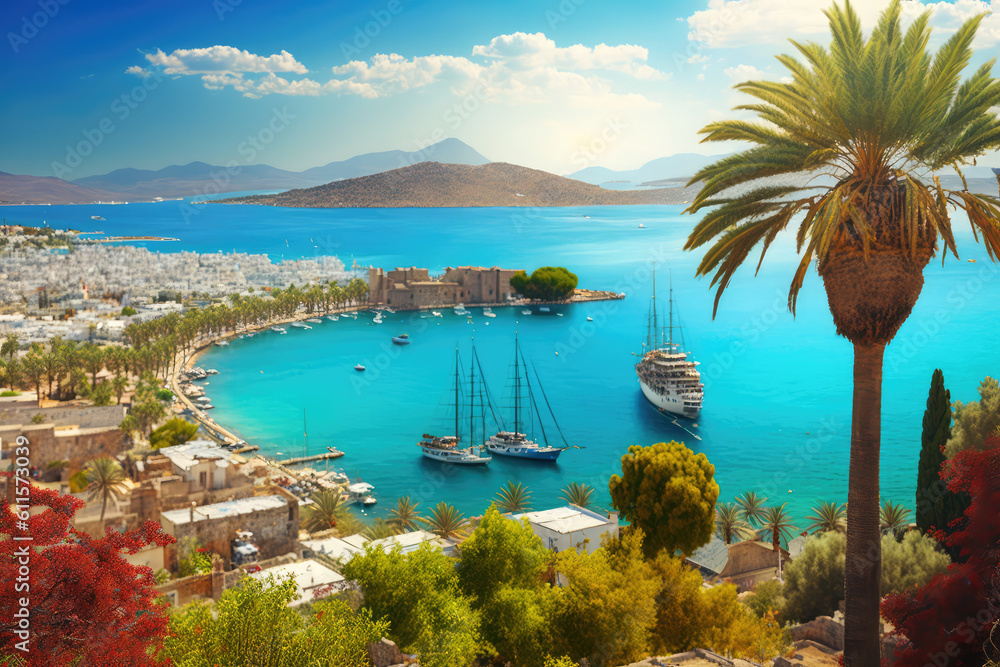 Bodrum, Turkey, is known for its unique scenery, iconic landmarks, and beautiful tropical sea bay with palm trees and a turquoise lagoon on the Aegean Sea, generative AI