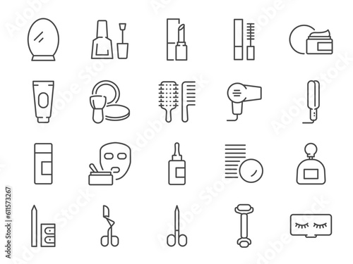 Beauty products icon set. It included cosmetics, facial, treatment, makeup, and more icons. Editable Vector Stroke.