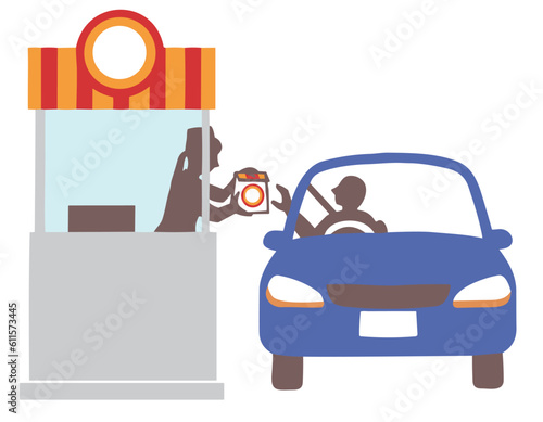 ドライブスルー、商品を渡す店員と受け取る車のドライバー、ベクターイラスト