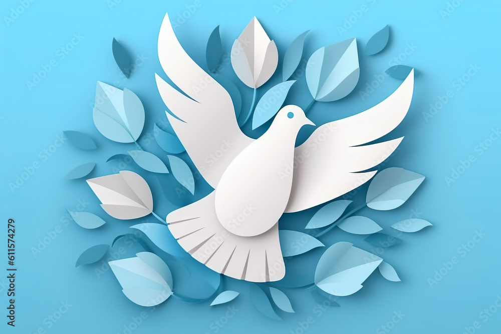 Fototapeta premium Paper cut style , Paper art of International Peace Day , White pigeon flying with flowers on blue background , Created with generative AI
