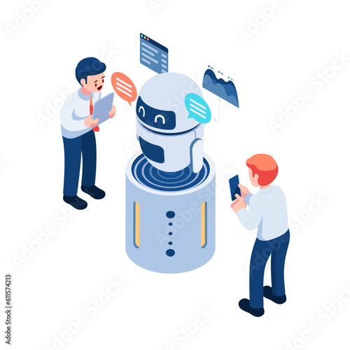 Isometric Businessman use AI or Artificial Intelligence Chatbot