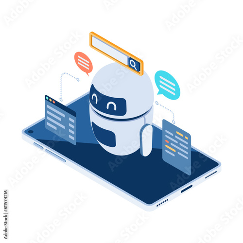 Isometric AI or Artificial Intelligence Chatbot or Robot on Smart Device