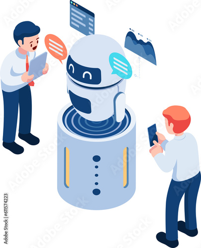 Isometric Businessman use AI or Artificial Intelligence Chatbot photo