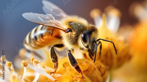 bee on a flower, macro photography. Generative AI © Irina