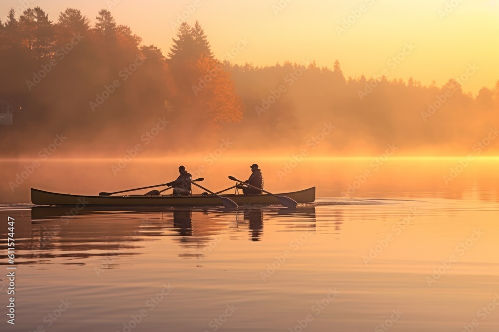 Lakeside scene, rowers glide through calm waters at dawn, capturing the essence of dedication and serenity. Generative AI