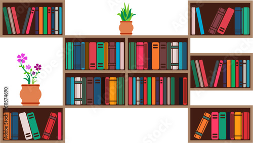 Bookcase Vector, Education And Knowledge Concept Vector, Library Books Vector, Book Shelves Vector, Set Of Different Book Spines On Wooden Shelves Vector.