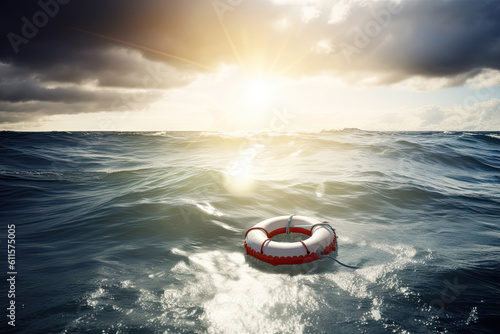 Lifebuoy in a stormy blue sea Generative AI