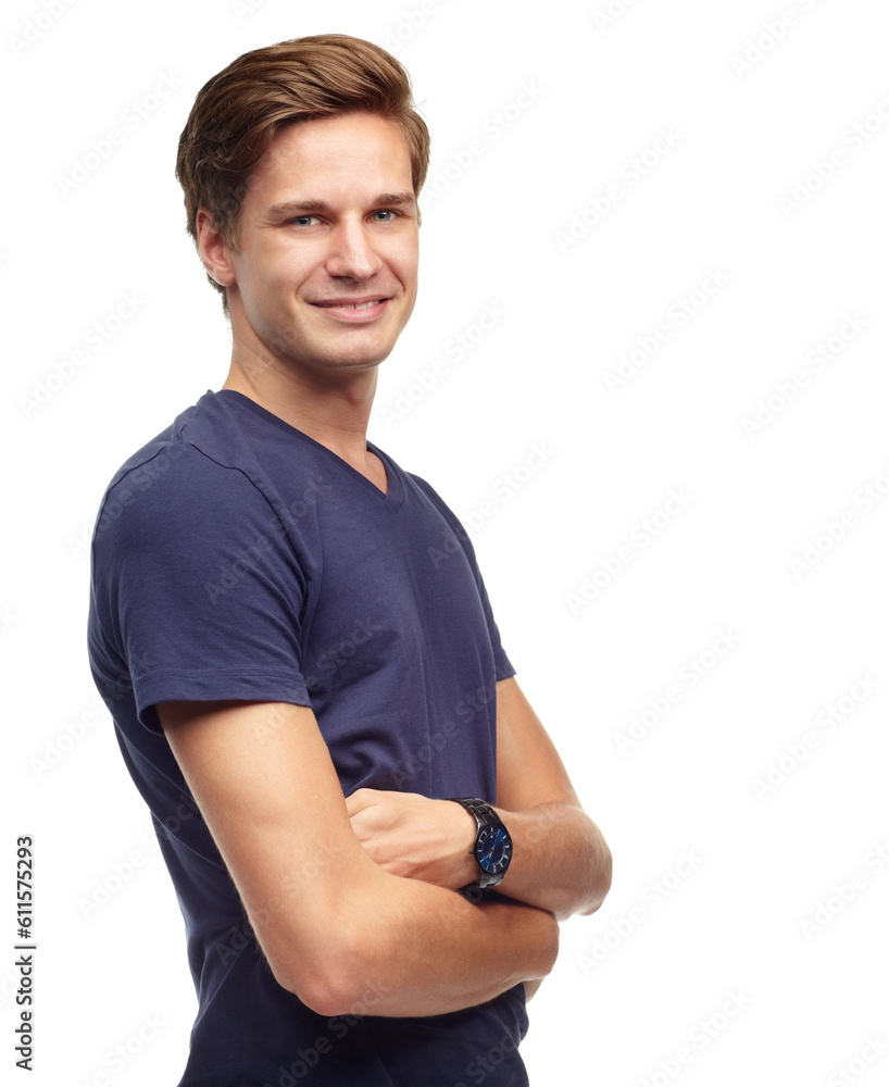 Crossed arms, fashion and portrait of man in studio with confidence, attractive and pride on white background. Smile, confident and face of isolated handsome male person with trendy casual clothes Crossed arms, fashion and portrait of man in studio with confidence, attractive and pride on white background. Smile, confident and face of isolated handsome male person with trendy casual clothes