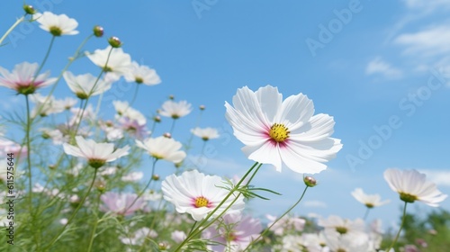 White cosmos flower blossom in garden with blue sky background. Generative AI.