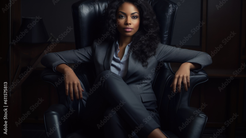 Bllack woman in a business suit standing in a confident pose. Woman's rights equality success of African-American people generative ai Bllack woman in a business suit standing in a confident pose. Woman's rights equality success of African-American people generative ai