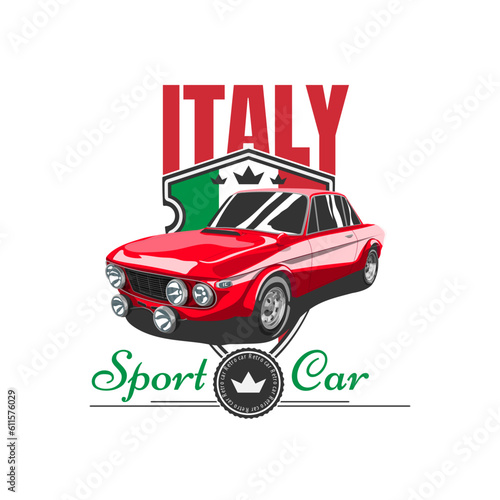 Old racing car against the background of the emblem with the Italian flag