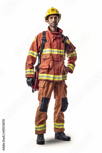 a firefighter in a fire suit and helmet, high quality product image, several layers of fabric, full body, highly detailed full-body art, photoreal details, work clothes, male character, generative ai