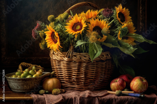 a basket of flowers and apples on a table, sunflower, generative ai
