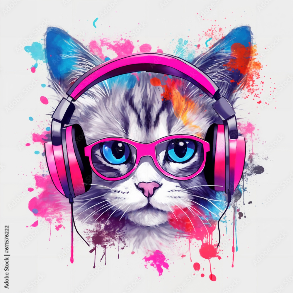 Fototapeta a cat wearing headphones and a pair of pink headphones, tee shirt graphic, blue-eyes, detailed beautiful animals, large colorful images, colourful artwork, generative, ai