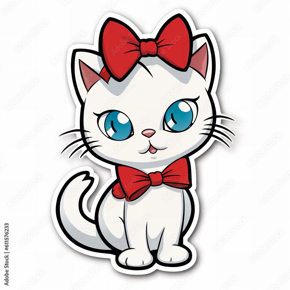 a red and white cat with a bow on it's head, vibrant colors. cute, candypunk character design, two tone shading, charismatic beautiful, generative ai