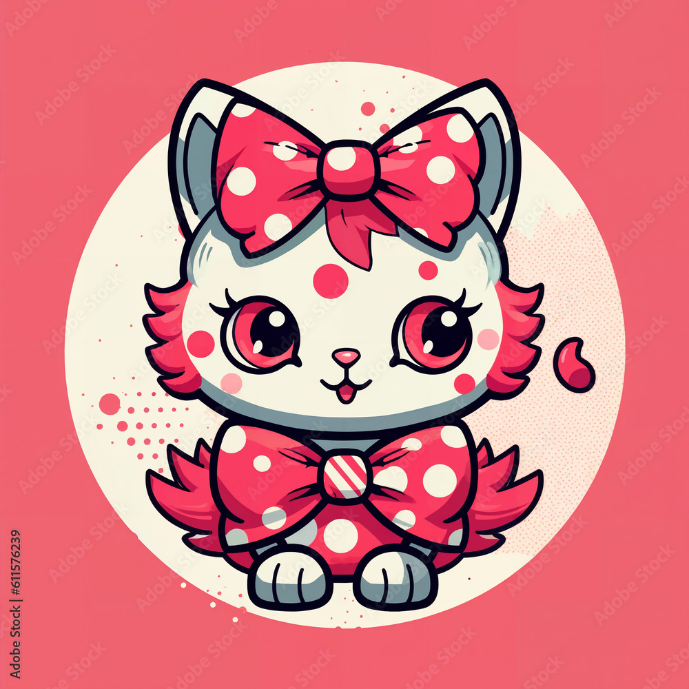 a red and white cat with a bow on it's head, vibrant colors. cute, candypunk character design, two tone shading, charismatic beautiful, generative ai