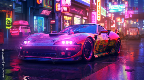 a car driving down a city street at night  cyberpunk 2077 color  fuschia skin  hotline miami  90 s aesthetic  generative ai