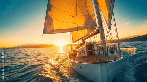 a sailboat sailing in the ocean at sunset, better homes and gardens, full width, gleaming silver and rich colors, on a yellow canva, characteristics of golden curve, generative ai