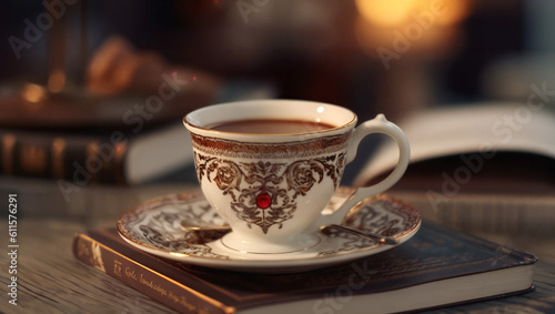 a cup of coffee sitting on top of a saucer, beautiful render of a fairytale, in opulent library, golden cup, on a canva, generative ai