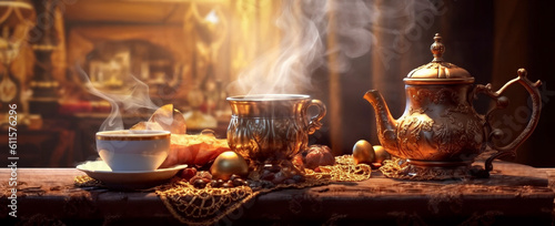 a table topped with a tea pot next to a cup of coffee, draped in silky gold, on a canva, antasy character, magic atmospheric, gold and silver shapes, opulent, promotional images, generative ai