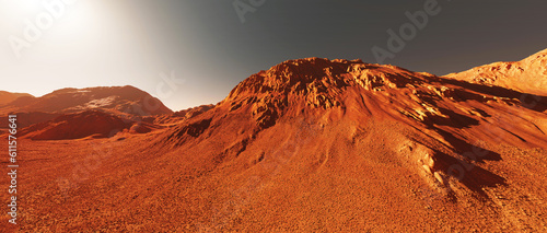 Mars landscape, 3d render of imaginary mars planet terrain, orange red eroded mars surface