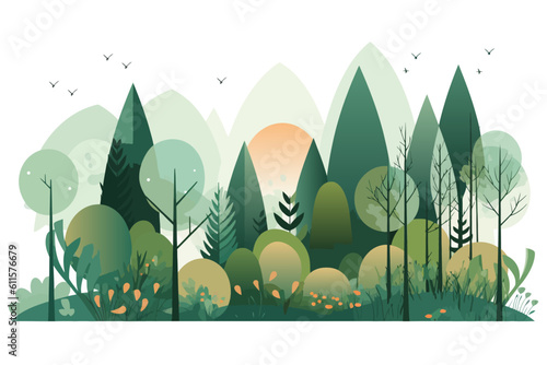 Fotomurale Forrest landscape with trees and grass, nature inspired vector illustration