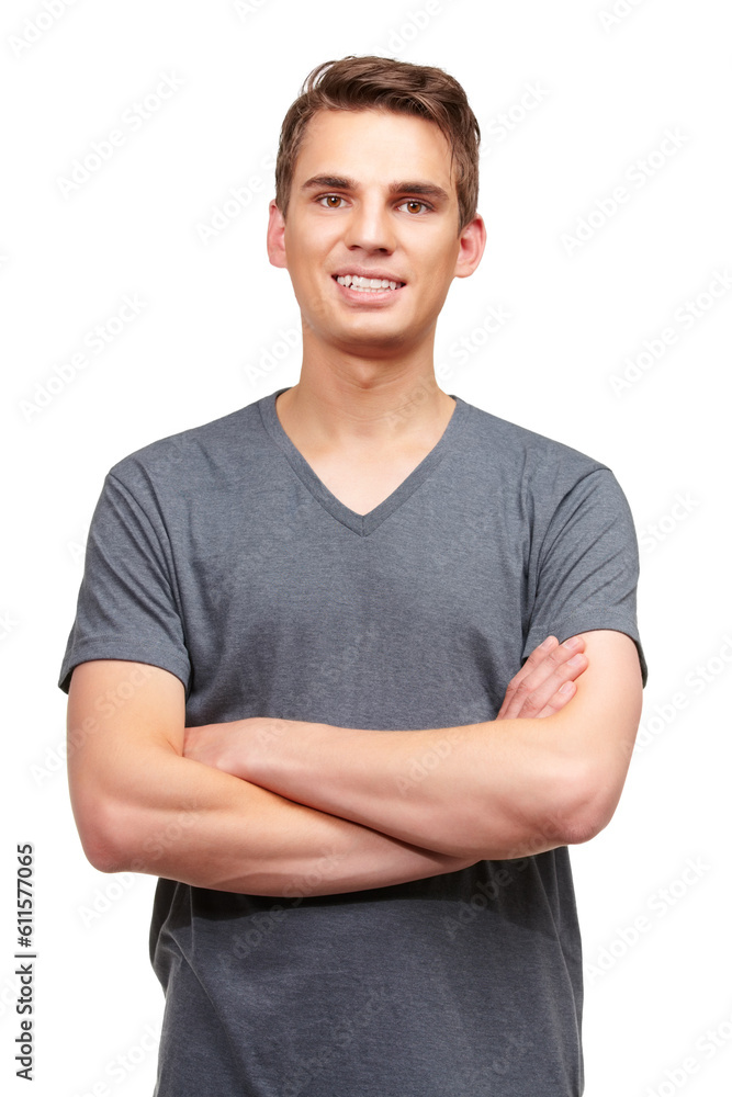 Obraz premium Fashion, crossed arms and portrait of happy man in studio with confidence, attractive and pride on white background. Smile, style and face of isolated handsome male person with trendy casual clothes