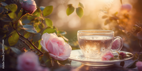 Tea and Roses. Cup of Floral Tea on a table in summer garden outdoor. Herbal Tea and pink rose flowers. Generative ai illustration 