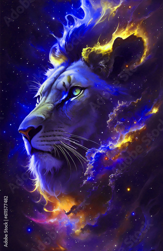  lion in space nebula with generate ai technology