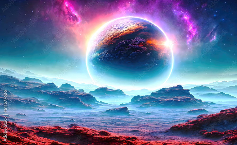 Landscape of an alien planet, view of another planet with stars and nebulas, science fiction cosmic background. Generative Ai.