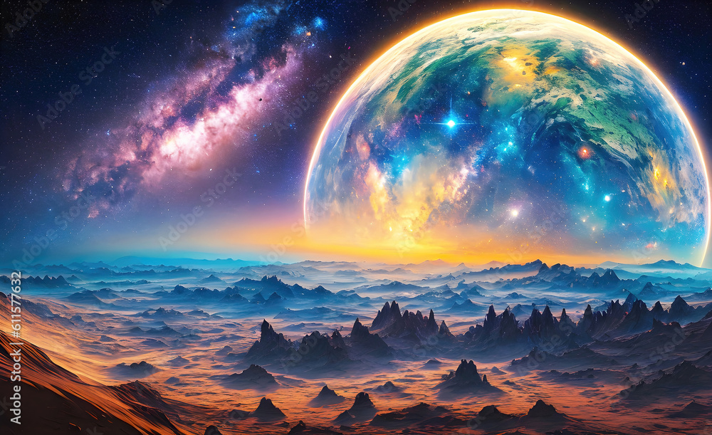 Landscape of an alien planet, view of another planet with stars and nebulas, science fiction cosmic background. Generative Ai. - obrazy, fototapety, plakaty 