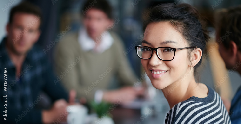 Woman leader, portrait and startup team in blurred background, meeting and smile with confidence. Young businesswoman, leadership and happy with group, workplace or creativity in collaboration at job