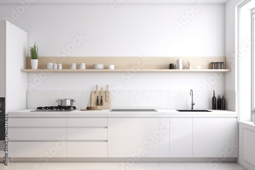 Generative AI.White kitchen Interior in scandinavian style with kitchenware. Minimal cozy counter mockup design for product presentation background. A beautiful closeup of a custom designed kitchen  