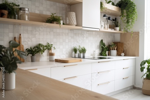  Generative AI.Stylish white kitchen background with kitchen utensils and green houseplant standing on white countertop  copy space for text  front view. Minimal cozy counter mockup design