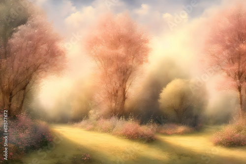 Watercolor abstract art landscape, children story book style, soft pastel color background. Generative Ai.