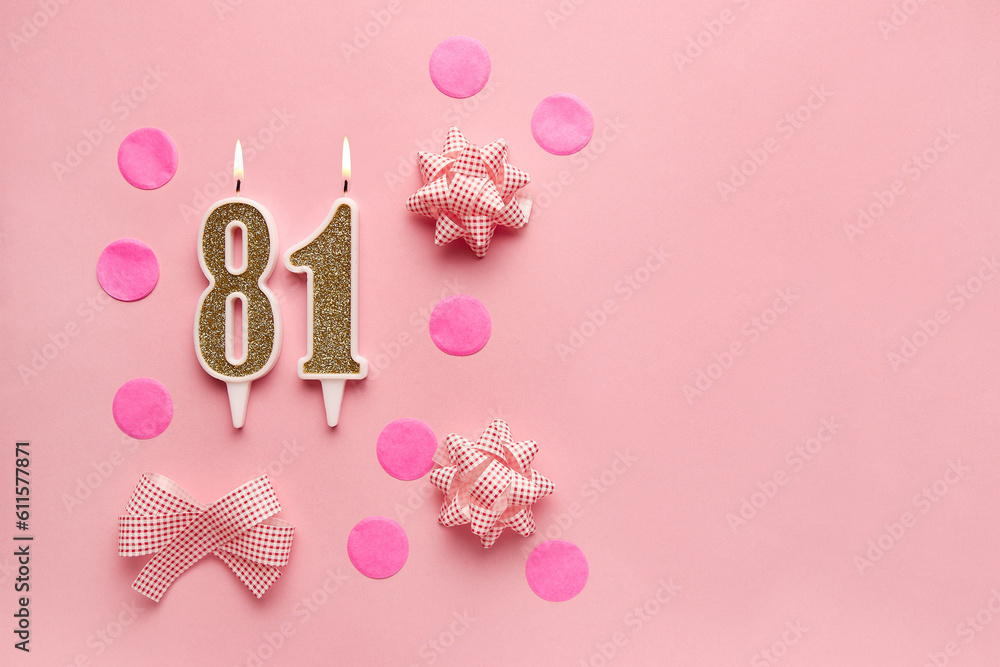 Number 81 on pastel pink background with festive decor. Happy birthday candles. The concept of celebrating a birthday, anniversary, important date, holiday. Copy space. banner Number 81 on pastel pink background with festive decor. Happy birthday candles. The concept of celebrating a birthday, anniversary, important date, holiday. Copy space. banner