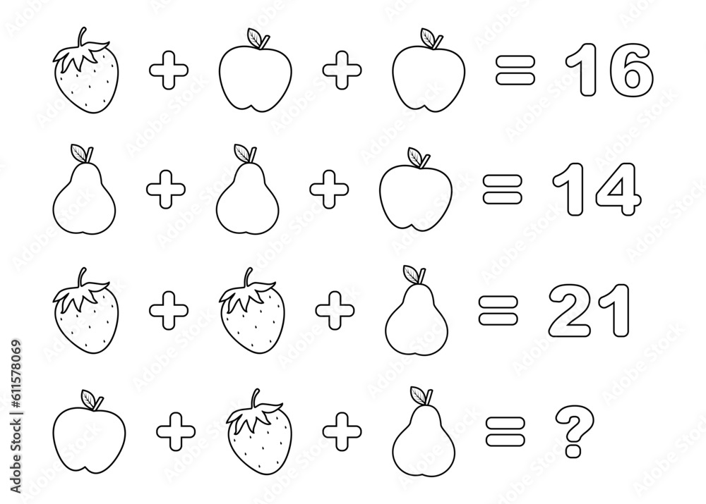 Counting game. Math Educational Kids game. Educational children game, printable worksheet, vector illustration. Printable math activity for grade 2. Coloring Book Page. Counting game. Math Educational Kids game. Educational children game, printable worksheet, vector illustration. Printable math activity for grade 2. Coloring Book Page.