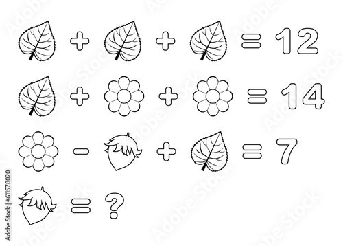 Counting game. Math  Educational Kids game. Educational children game, printable worksheet, vector illustration.  Printable math activity for grade 2. Coloring Book Page. 