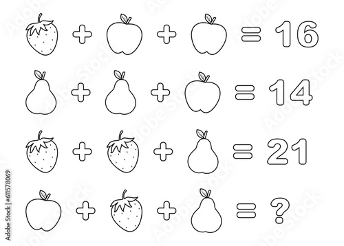 Counting game. Math  Educational Kids game. Educational children game, printable worksheet, vector illustration.  Printable math activity for grade 2. Coloring Book Page. 