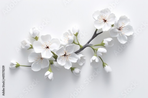 Beautiful white delicate flowers are shown on a white background. Minimalist floral background with blank space for text. Generative AI composite. 