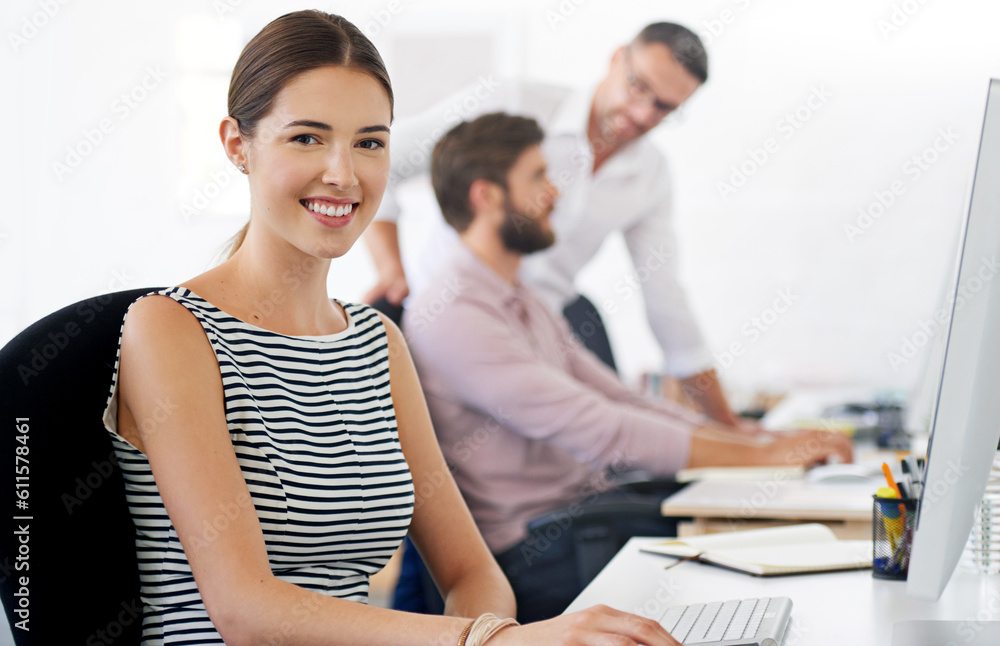 Fototapeta premium Portrait, smile and woman, creative designer or employee in startup company. Face, entrepreneur and design professional from Australia with pride for career, success mindset for business or coworking