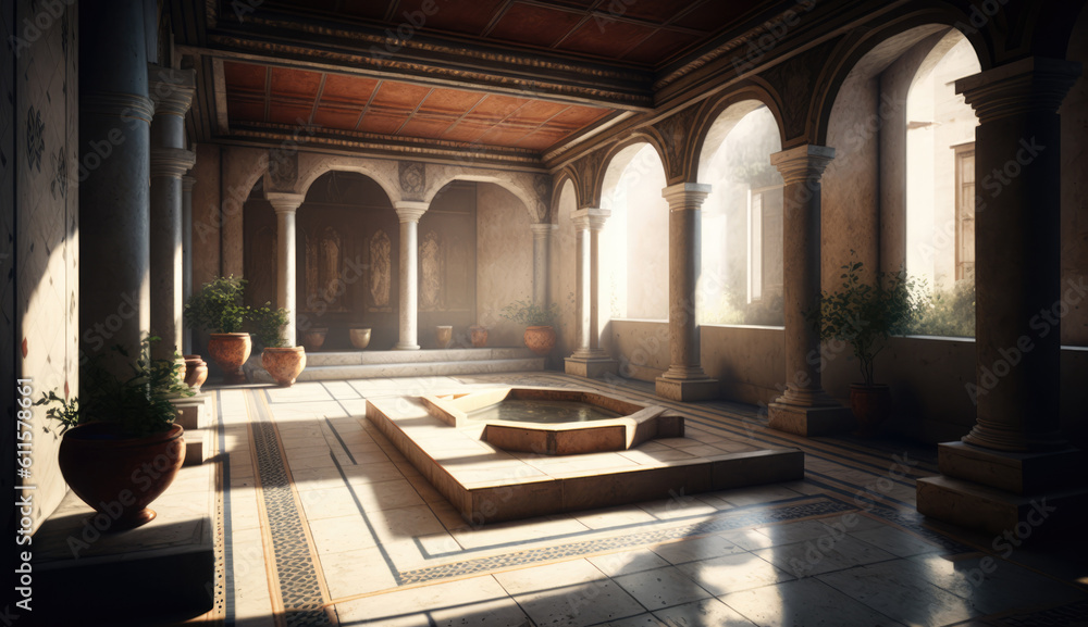 Hammam Interior, Turkish Bath. Turkish hammam. Oriental Bath. Abstract hamam interior in islamic style, hall, arches, columns, pool. Generative ai illustration